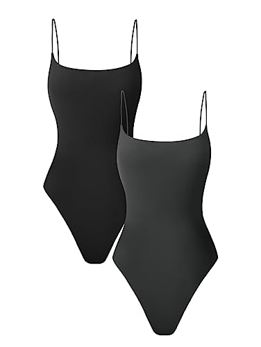 HYZ Damen Sommer Zweiteiliger Gymnastikanzug Sexy Ärmellos Spaghettiträger Weich Basic Tanga Bodysuit Tops, Schwarz Drakgrey, M von HYZ