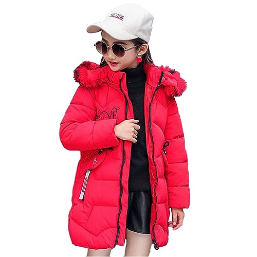 HYueaph Mädchen Winterjacke Kinder Wintermantel Mädchen Lange Gesteppte Jacke mit Liebe Stickerei Design,red-150cm von HYueaph