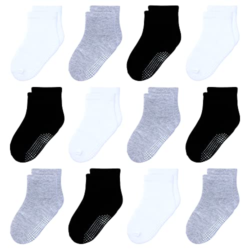 HYzgb Abs socken baby jungen 1 2 3 Jahre alt Antirutschsocken kinder mit rutschfesten Griffen 12 Paare Kleinkind Jungen Socken 12-18 Monate Baumwolle Crew Socken Schwarz/Weiß/Grau von HYzgb