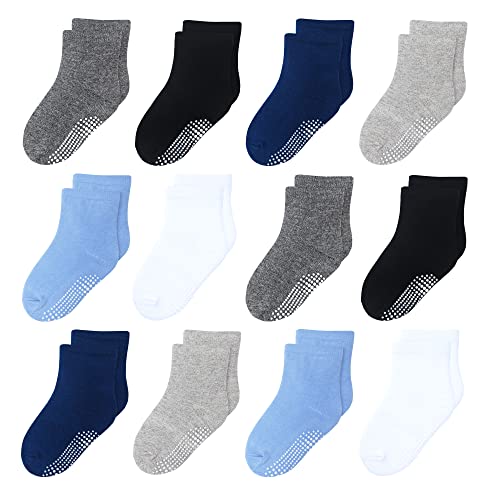 HYzgb Antirutschsocken kinder 3 4 5 Jahre 12 Paar ABS socken kinder mit rutschfesten Griffen Cotton Crew Kindersocken für kleine Jungen Schwarz/Weiß/Grau/Himmelblau von HYzgb