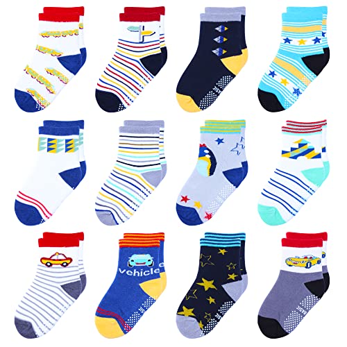 HYzgb Baby Socken 12-24 Monate Kleinkind Jungen Socken mit Griffen 12 Paar rutschfeste Baumwollsocken, 1 2 3 Jahre Kleinkinder Baby Jungen Geschenk (mehrfarbig) von HYzgb