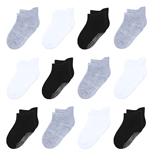 HYzgb Kindersocken rutschfeste Griffe Jungen 5-7 Jahre alt 12 Paar griffige Baumwollsocken für kleine Jungen Mädchen Kindergeburtstagsgeschenke Schwarz/Weiß/Grau von HYzgb