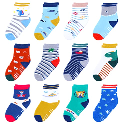 HYzgb Kleinkind Socken 3 4 5 Jahre Kinder Jungen Socken mit Griffen 12 Paar rutschfeste Baumwollsocken, Kleinkinder Kinder Jungen Geschenk (mehrfarbig) von HYzgb