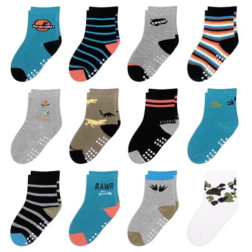 HYzgb Kleinkind Socken Jungen 1T 2T 3T mit Griffen 12 Paar rutschfeste Baby Baumwollsocken 12-24 Monate Crew Socken für Kleinkinder Kinder 1-2-3 Jahre alt (Dinosaurier Stripe Style) von HYzgb