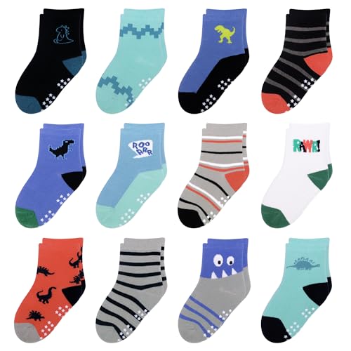HYzgb Kleinkind Socken Jungen 1T 2T 3T mit Griffen 12 Paare rutschfeste Baby-Baumwollsocken 12-24 Monate Crew Socken für Kleinkind Baby 1-2-3 Jahre alt (Dinosaurier-Stil) von HYzgb