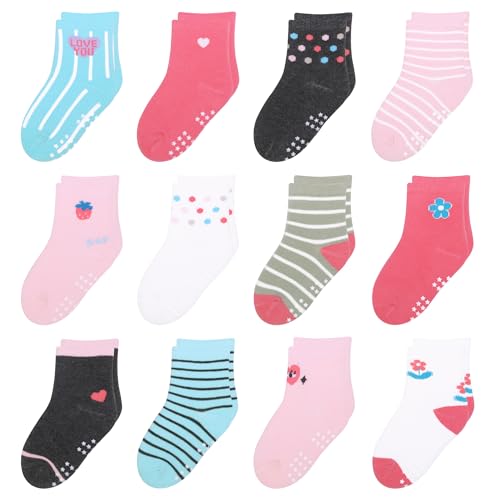 HYzgb Kleinkind Socken Mädchen 1T 2T 3T mit rutschfesten Griffen 12 Paare Baby Crew Socken 12-24 Monate Baumwolle Socken Kleinkinder Mädchen 1-2-3 Jahre alt Geschenk (Flower Style) von HYzgb