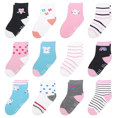 HYzgb Kleinkind Socken Mädchen 5T 6T 7T mit rutschfesten Griffen 12 Paar Little Kids Crew Socken Baumwolle Socken Kinder Mädchen 5-6-7 Jahre alt Geschenk (Rainbow Style) von HYzgb