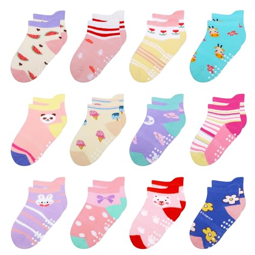 HYzgb Kleinkind Socken Mädchen mit Griffen 1T 2T 3T 12 Paar rutschfeste Knöchelsocken für Kleinkind Kinder Baumwolle kleine Kinder 1-2-3 Jahre alt alle Jahreszeiten tragen (Rabbit Style) von HYzgb