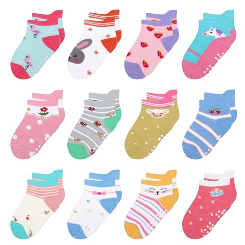 HYzgb Kleinkind Socken Mädchen mit Griffen 5T 6T 7T 12 Paar rutschfeste Knöchelsocken für Kleinkinder Kinder Baumwolle kleine Kinder 5-6-7 Jahre alt alle Jahreszeiten tragen (Strawberry Style) von HYzgb