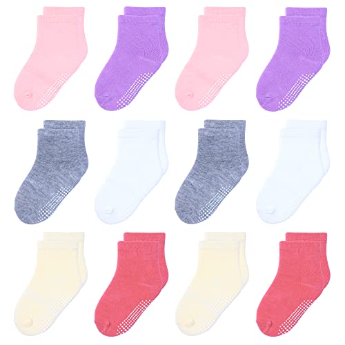 HYzgb Socken für Kleinkinder Mädchen 1 2 3 Jahre Kleinkindsocken mit rutschfesten Griffen 12 Paar Baby Mädchen Socken 12-24 Monate Baumwolle Crew Socken für Babys Weiß/Grau/Lila/Pink/Gelb von HYzgb