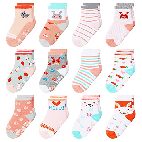 HYzgb Stoppersocken Kinder 26 27 28 alt Antirutschsocken Kinder Socken mit 12 Paare Baumwolle Anti-Rutsch Crew Socken, Kleinkinder Baby Mädchen Geschenk (Multi-Colors) von HYzgb