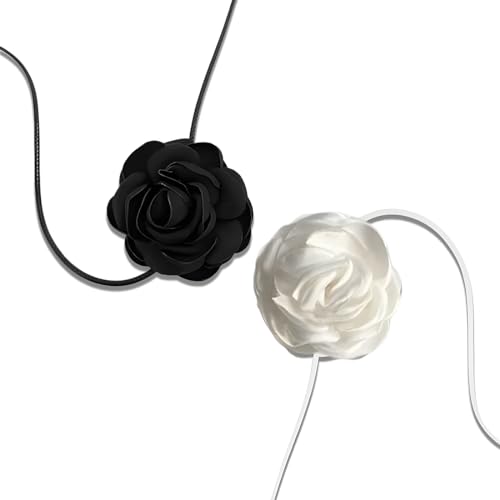 HZAOPZE 2 pcs Halsband Blumen Damen, Blumen Rosen Halskette, Verstellbare Kette Stoff Blumen Halsketten Samt Halskette mit Blume für Frauen Mädchen Braut Hochzeit Party Geburtstag(Schwarz und Weiß) von HZAOPZE