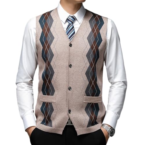 Ärmelloser Pullover Für Herren - Einreihige Strickweste Mit V-Ausschnitt Und Kontrastierendem Rautenmuster Und Schlitzsaum, Klassische Strickweste Für Frühling Und Herbst Für Das Hochzeits-, P von HZCRAES