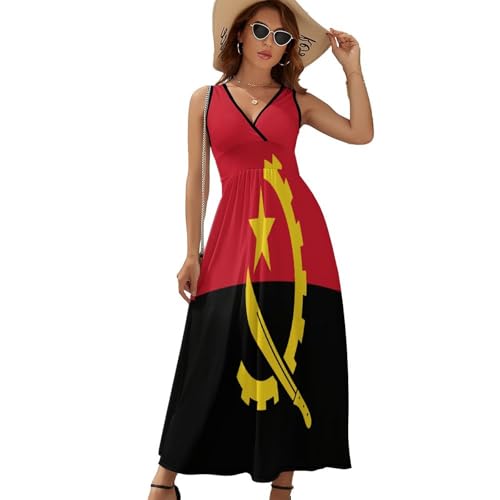 Angola Flagge Sommerkleid Damen Ärmelloses V-Ausschnitt Freizeitkleider Elegant A Linie Strandkleid Lässige Midi Tank Kleid Partykleid S-XXL von HZCRAES