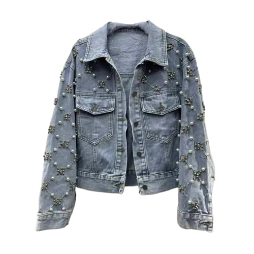 Damen Freizeitjacke - Leichte Luxus-Jeansjacke Mit Perlen Und Strasssteinen Im Jacquard-Stil, Lange Ärmel, Verwaschene, Verkürzte Jeansjacke, Lockere Einreihige Jeansjacke Mit Taschen, Blau, L von HZCRAES