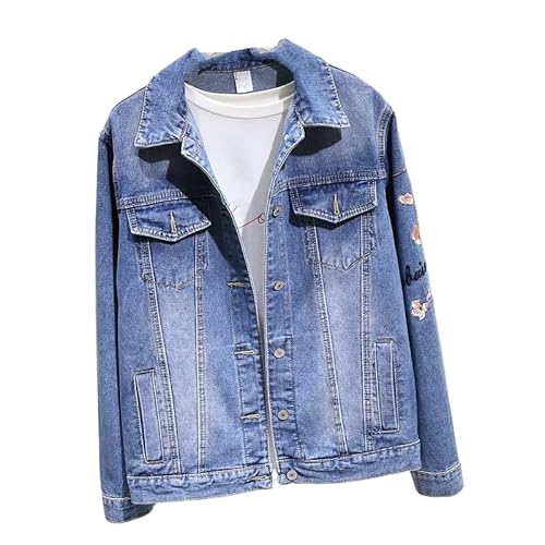 Damen Slim Fit Leichte Jeansjacke - Personalisierter Einreihiger Kurzer Jeansmantel Mit Blumen-Buchstaben-Stickerei Am Revers, Klassischer Hippie-Jeansmantel Im Distressed-Look Mit Langen Ärmeln, von HZCRAES