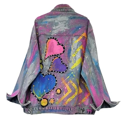 HZCRAES Damen Lockere Lange Ärmel Jeansjacke – Farbige Übergangsjacke Mit Revers Und Taschen Hip-Hop-Graffiti Frühlings Und Sommerjacke Stretch Streetwear Jacke Knopfjacke Oversizejacke Blue L von HZCRAES