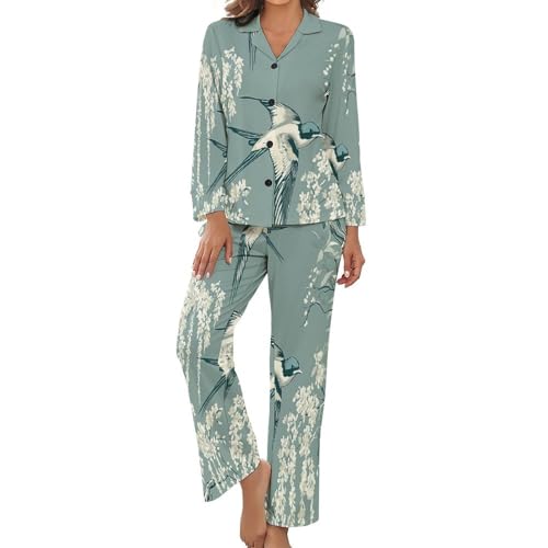 HZCRAES Damen-Pyjama-Set Mit Chinesischer Schwalbengarten Muster, 2-Teilig, Damen Schlafanzug, Langarm Nachtwäsche, Button-Down-Tops, Weites Bein, Lange Hose, Strandmode Schlafanzug von HZCRAES