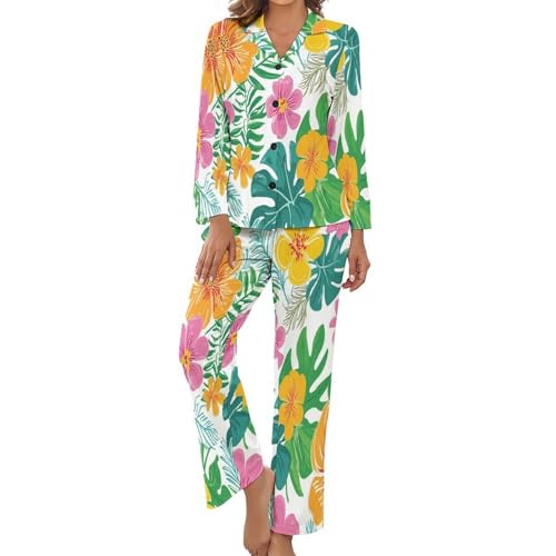 HZCRAES Damen-Pyjama-Set Mit Süße Tropische Blumen Muster, 2-Teilig, Damen Schlafanzug, Langarm Nachtwäsche, Button-Down-Tops, Weites Bein, Lange Hose, Strandmode Schlafanzug von HZCRAES