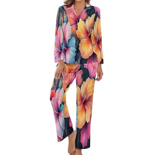 HZCRAES Damen-Pyjama-Set Mit Tropischer Regenbogen-Hibiskus Muster, 2-Teilig, Damen Schlafanzug, Langarm Nachtwäsche, Button-Down-Tops, Weites Bein, Lange Hose, Strandmode Schlafanzug von HZCRAES