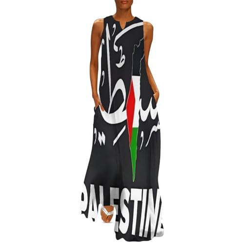 HZCRAES Damen Strandkleid Ärmellos Elegant Boho Palästina-Flaggekleid Casual Maxikleid Mit Tasche V-Ausschnitt Strand Tank Top Kleider, Große Größen Sommerkleid von HZCRAES