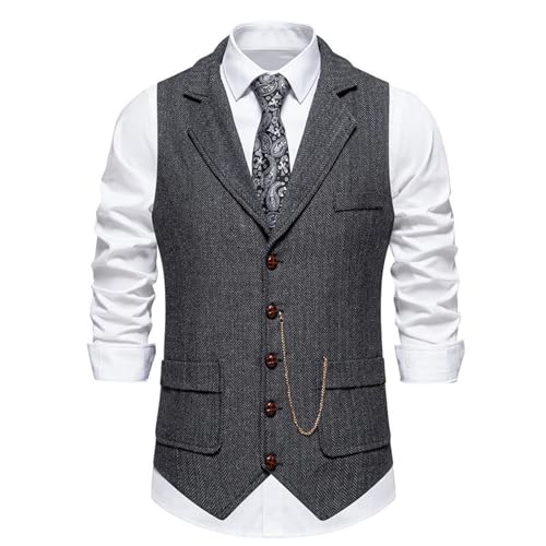 HZCRAES Herren Business Weste - Vintage Revers Kette Massiver Tweed Einreihig Mit Verstellbarer Rückseite Lässige Weste, Formeller Anzug Für Männer Business Party Matching,Grau,Xxl von HZCRAES