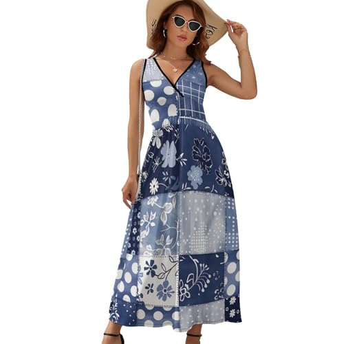 HZCRAES Nähte Im Landhausstil Sommerkleid Damen Ärmellos V-Ausschnitt Strandkleid Midikleid Leicht Lang Kleid Freizeitkleid Casual Lässig Tank Kleid von HZCRAES