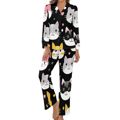 HZCRAES Schlafanzug Damen Lang Pyjama Damen Süße Katze Sternenhimmel Weiche Lounge Zweiteilige Set V-Ausschnitt Lange Ärmel Schlafanzugoberteile Und Schlafanzughosen Mit Taschen von HZCRAES