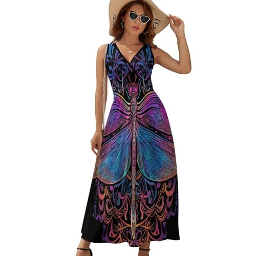 HZCRAES Sommerkleid Damen Ärmellos V-Ausschnitt Psychedelische Libellenillustration Freizeitkleider Elegant Tank Kleider Lässig Locker Trägerkleid Lang Mode Strandkleider Tunique von HZCRAES