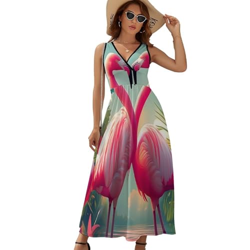 HZCRAES Sommerkleid Damen Ärmelloses V-Ausschnitt Tropischer 3D-Flamingo Freizeitkleid Große Sommer Beach Strandkleid Leicht Und Luftig Langes Kleid Elegante Summer Dress von HZCRAES