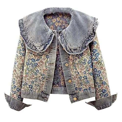Jeansjacke Für Damen – Einreihige, Verkürzte Jeansjacke Im Ethno-Stil Mit Gewelltem Revers Und Blumenmuster Aus Jacquard, Retro-Jeansjacke Mit All-Match-Knöpfen Und Manschetten, Lange Ärmel, V von HZCRAES