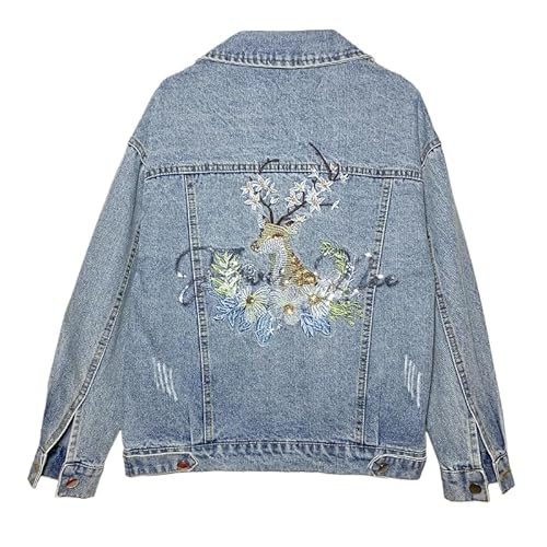 Jeansjacke Für Damen – Punk-Jeansjacke Mit Personalisiertem Revers, Einreihig, Lockerer Jeansmantel Mit Stickerei, Vielseitiger Jeansmantel Mit Langen Ärmeln Und Taschen Für Pendlerkleidung Fü von HZCRAES