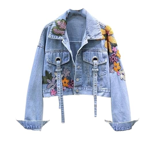 Jeansjacken Für Damen – Personalisierte, Mit Pailletten Und Blumen Bestickte Revers, Langärmlige Button-Down-Jeansjacke Mit Verkürzter Länge, Kreative, Verwaschene Jeansjacke Mit Luftschlangen von HZCRAES
