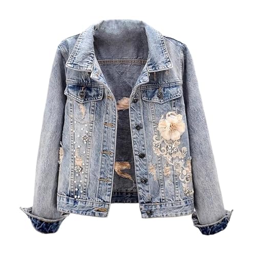 Kurze Jeansjacke Für Damen Im Wash-Look – Punk-Kreative, Dreidimensionale Jeansjacke Mit Strass-Tüll-Blumen Im Used-Look, Vielseitige Einreihige Jeansjacke Mit Revers Für Urlaubskleidung, Blau, von HZCRAES