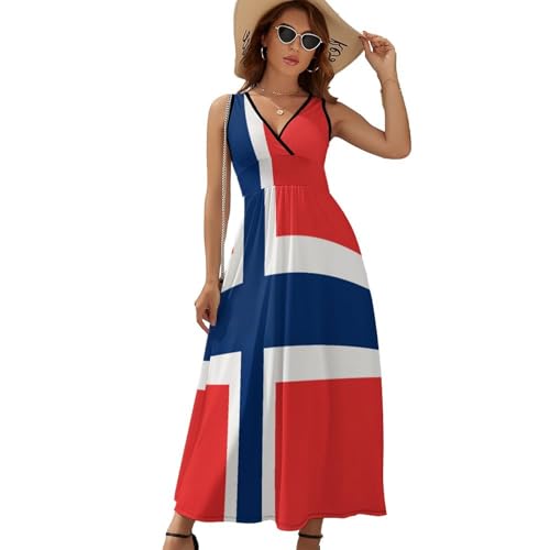 Norwegen Flagge Sommerkleid Damen Ärmelloses V-Ausschnitt Freizeitkleider Elegant A Linie Strandkleid Lässige Midi Tank Kleid Partykleid S-XXL von HZCRAES