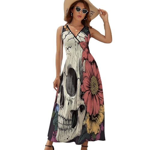 Sommerkleid Damen Lang Gotischer Totenkopf Poster T Shirt Kleid Sommer Maxikleid Ärmelloses V-Ausschnitt Lässiges Lockeres Tunika Kleider Shirtkleider Strandkleid von HZCRAES