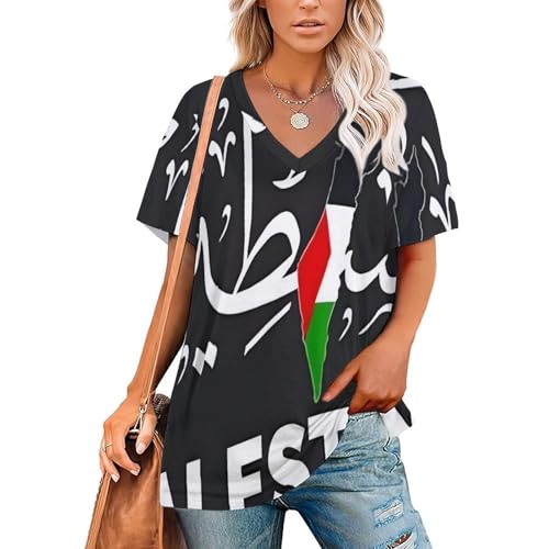 Tshirt Damen Sommer Tops Lässiges T-Shirt Mit Palästina-Flagge Motiv V-Ausschnitt Kurzarm Loser Pullover Plus Size Baggy Tunika-Bluse Basic Oberteil Sportshirt von HZCRAES