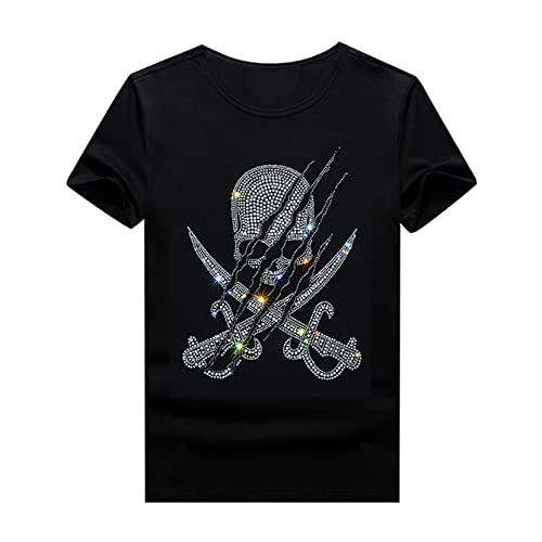 HZCX FASHION Herren-T-Shirt mit Strass-Totenkopf-Grafik, Rundkragen, kurzärmelig, 965 Black, Mittel HZCX FASHION Herren-T-Shirt mit Strass-Totenkopf-Grafik, Rundkragen, kurzärmelig, 965 Black, Mittel von HZCX FASHION