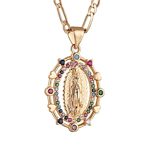 HZMAN 14K Gold plattiert Oval Cutout Herz Jungfrau Maria Gebet Halskette Amulett Unsere Liebe Frau von Guadalupe Anhänger Multicolor Cubic Zirconia Frauen Tochter Geschenk (Gold) von HZMAN