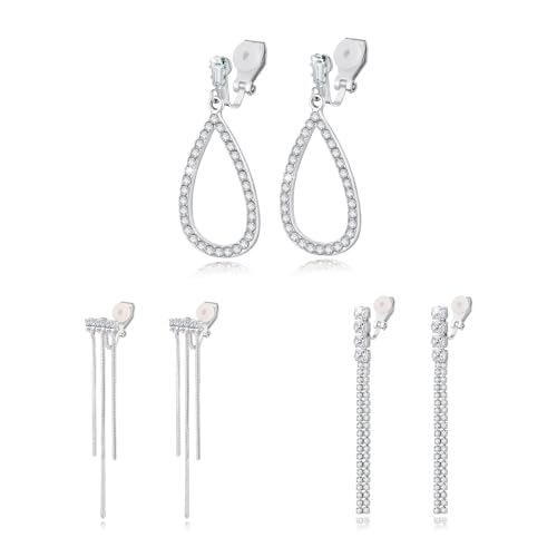 HZMAN 3Pair Clip auf Ohrringe für Damen Nicht Pierced Silber Lange Tassel/Teardrop Crystal Cubic Zirkonia Hangle Drop Ohrring Party Hochzeit Schmuck Geschenk von HZMAN