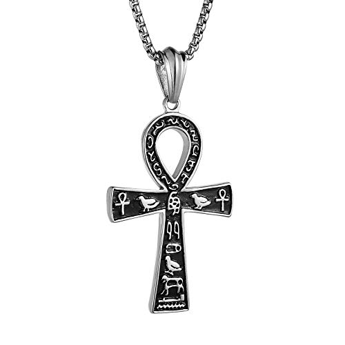 HZMAN Edelstahl große Ankh Kreuz Anhänger Halskette altägyptischen Hieroglyphen Symbol 22 + 2 Zoll Kette (Silber groß) von HZMAN