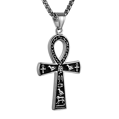 HZMAN Edelstahl großen Ankh Kreuz Anhänger Halskette altägyptischen Hieroglyphen Symbol 22 + 2 Zoll Kette (Silber) von HZMAN