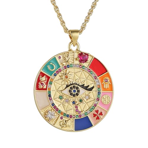 HZMAN Evil Eye Halskette für Damen Retro Emaille 18K vergoldet Runde Medaille Halskette Anhänger Glück Amulett Schmuck Geschenk von HZMAN