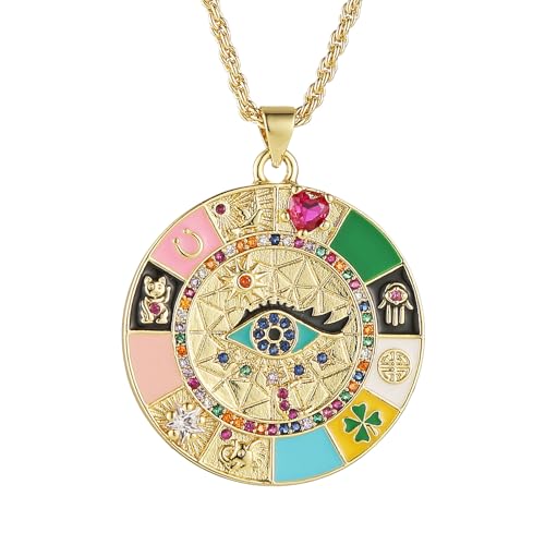 HZMAN Evil Eye Halskette für Damen Retro Emaille 18K vergoldet Runde Medaille Halskette Anhänger Glück Amulett Schmuck Geschenk von HZMAN