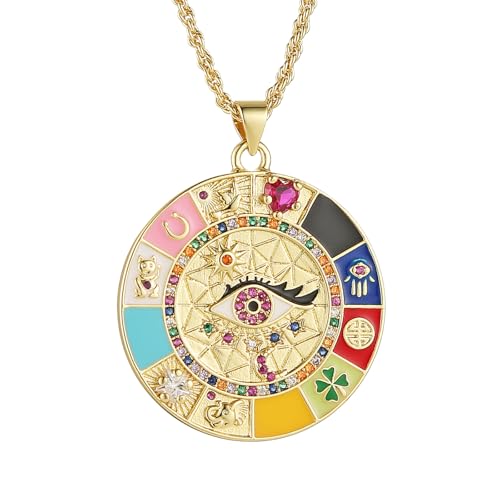 HZMAN Evil Eye Halskette für Damen Retro Emaille 18K vergoldet Runde Medaille Halskette Anhänger Glück Amulett Schmuck Geschenk von HZMAN