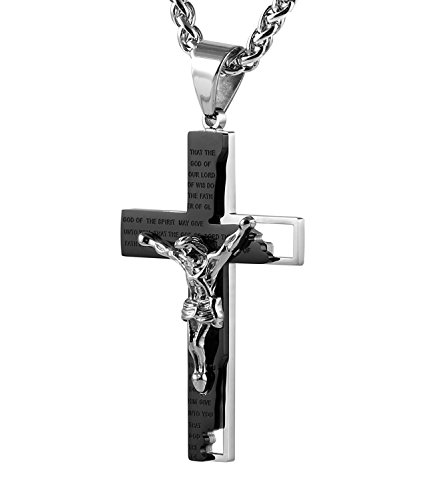 HZMAN Edelstahl Kreuz Kette für Herren Vaterunser Bibel Verse Jesus Kruzifix Kreuz Halskette Anhänger Schmuck Geschenk (Schwarz) von HZMAN