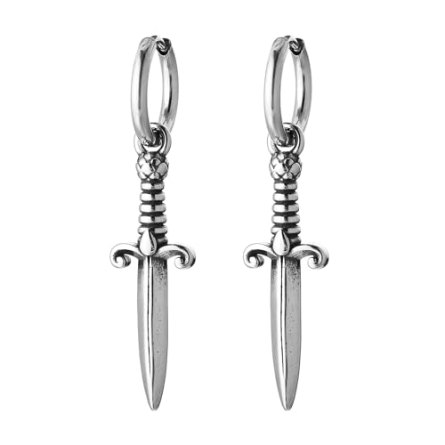 HZMAN Mittelalterliche Schwert Baumeln Ohrringe für Herren Damen Edelstahl Hip Hop Gothic Retro Dagger Hoop Ohrringe Schmuck Geschenk von HZMAN