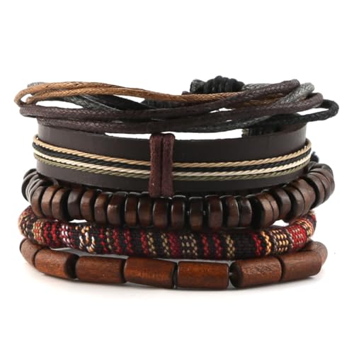 HZMAN Mix 5 Wickelarmbänder Männer Frauen Hanf Schnüre Holz Perlen Ethnisch Tribal Armbänder Leder Armbänder Armband von HZMAN