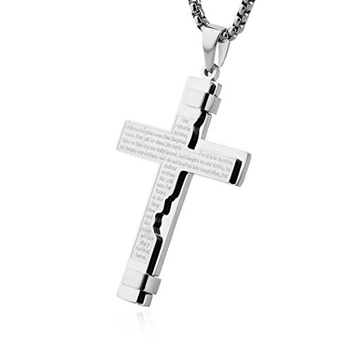 HZMAN Vaterunser Kreuz Halskette für Männer Frauen Edelstahl Retro Christliches Kreuz Anhänger Halskette Schmuck Geschenk (Silber) von HZMAN