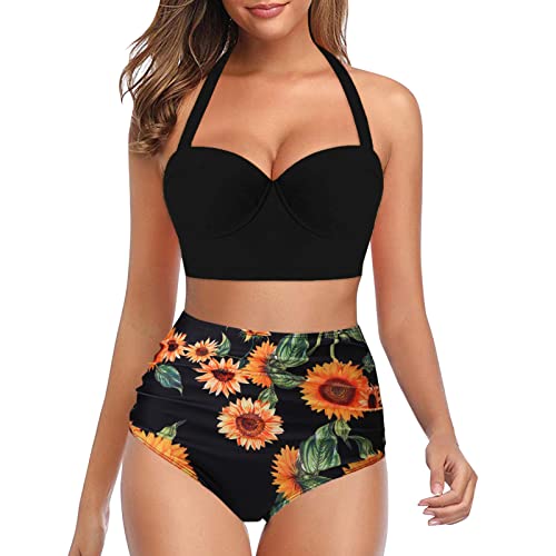 Damen Bikini Set V Ausschnitt Badeanzüge Korn Zwei Abschleppteile Druck Frauen Vintage-Taillenstück-Halterstück Tankini Bademode Toben + Kurze Hosen Retro Zwei Triangel-Bikini von HZMM